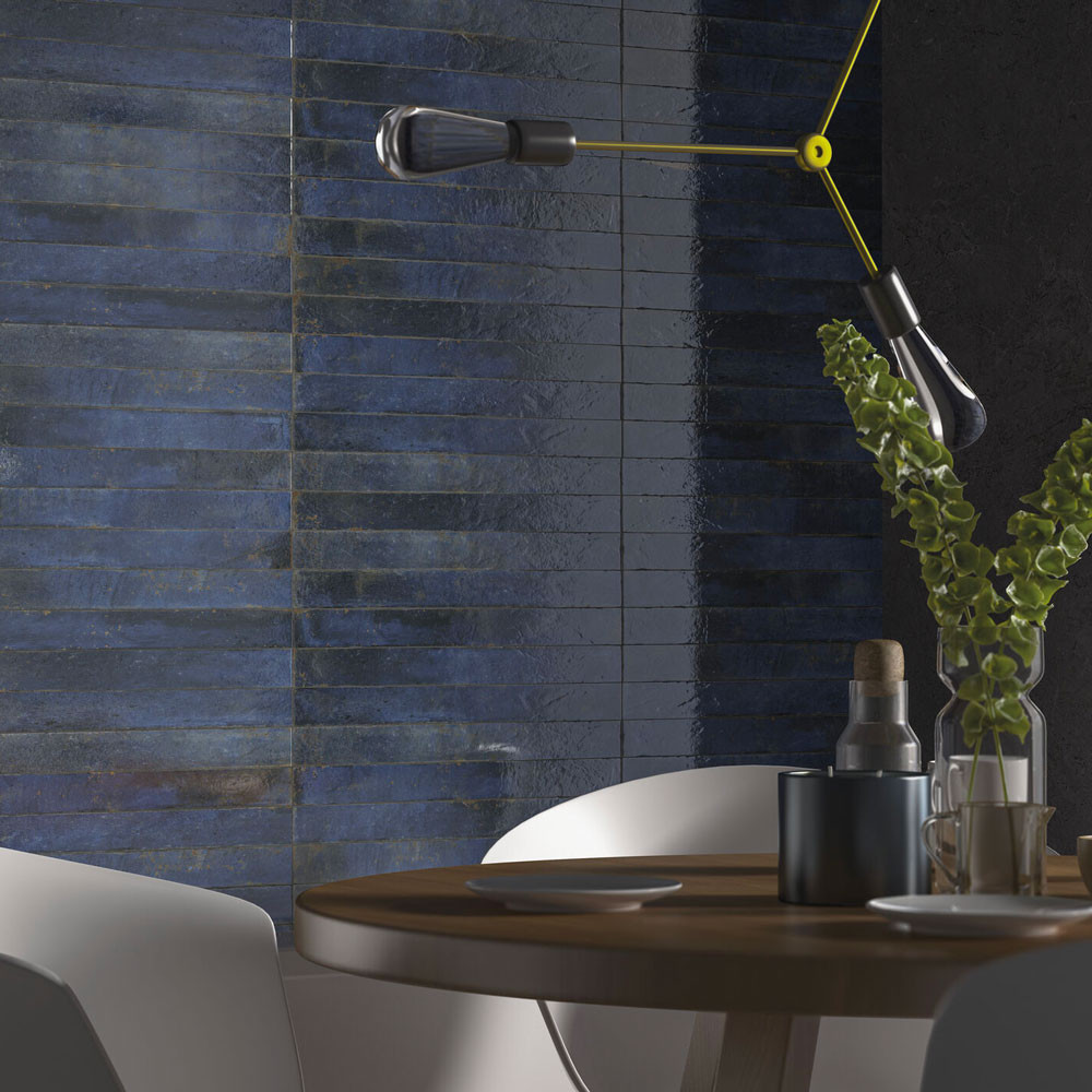 Carrelage mural aspect zellige Genesi blue brillant 4,8x45 cm