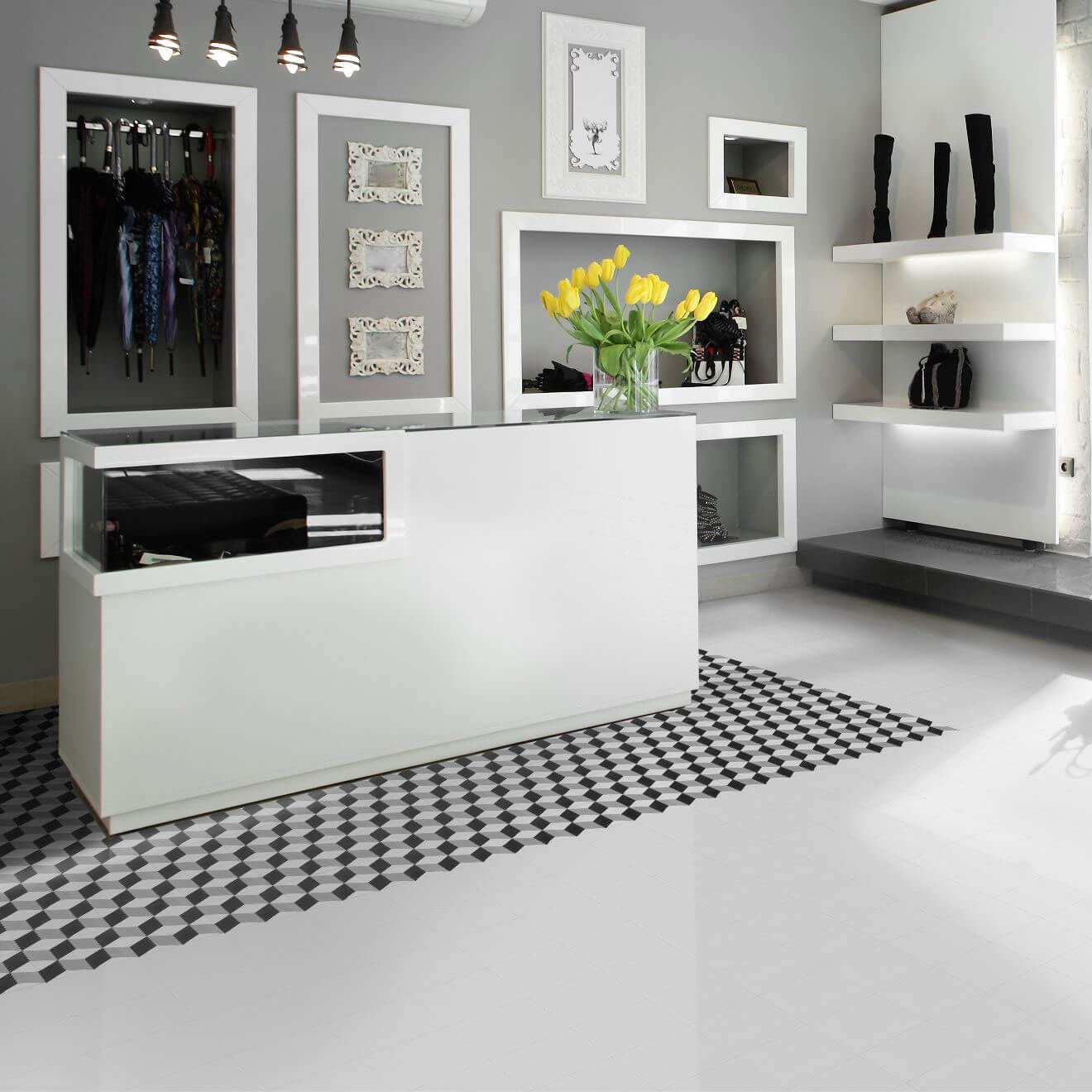 Carrelage sol et mur aspect carreau ciment noir et blanc Barcelona Cube 25x25 cm