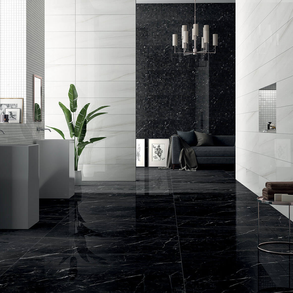 Carrelage sol et mur aspect marbre noir Hypnose Saint-Laurent brillant 60x60 cm