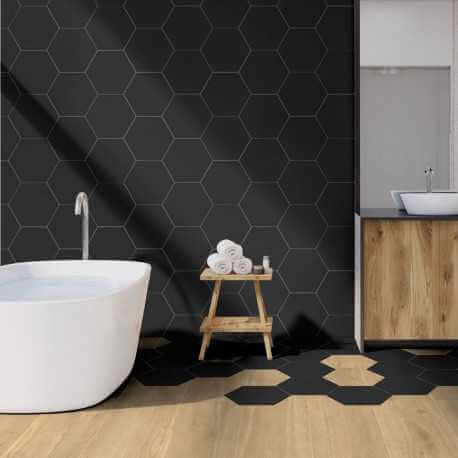 Carrelage hexagonal sol et mur Element Noir mat aspect tomette 23x27 cm