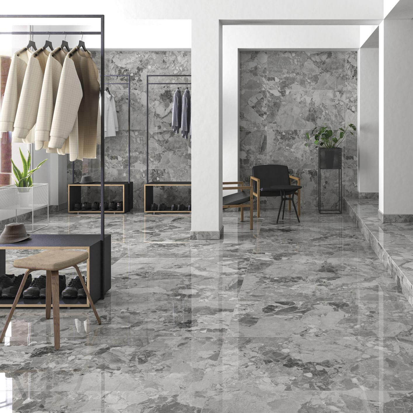 Carrelage sol et mur poli aspect marbre Realstone Grey 60x120 cm rectifié