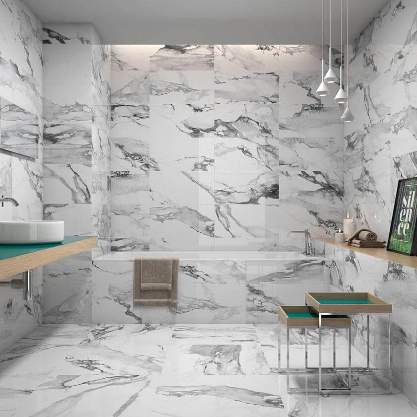 Carrelage sol et mur poli aspect marbre blanc Crash Blanco 60x120 cm rectifié