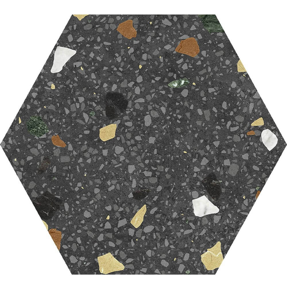 Carrelage hexagonal aspect terrazzo Tritato Noir 23x27 cm